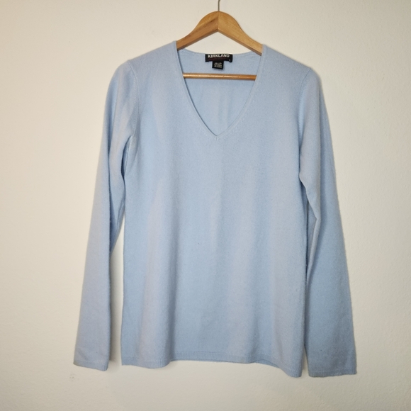 Kirkland Womens Large Light Blue V-neck 100% Cashmere Sweater Pullon - Picture 1 of 4
